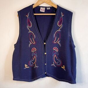 Vintage TanJay Embroirdered Navy Paisley Knit Sweater Vest Size XL